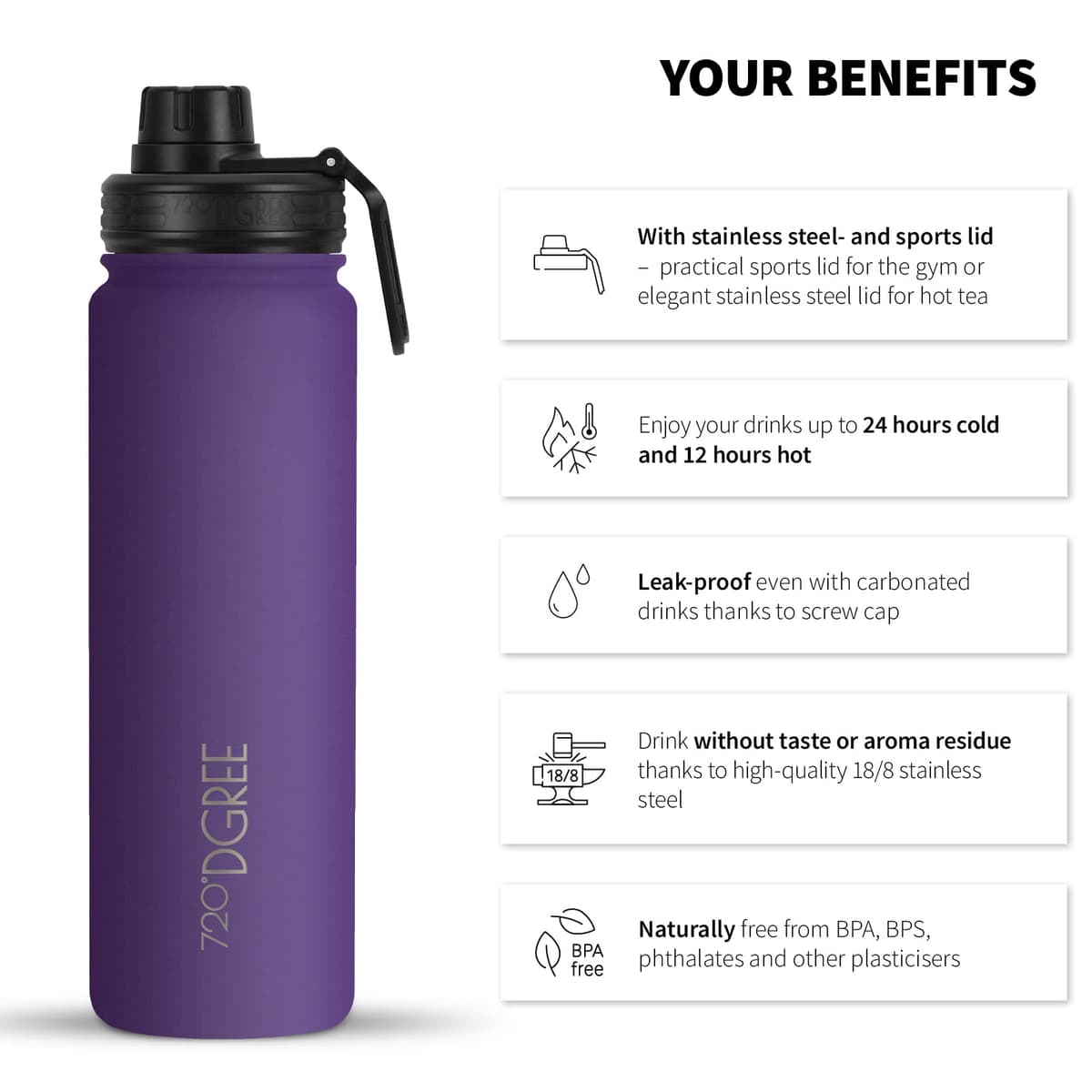 720°DGREE Botella Agua Termo Acero Inoxidable “noLimit“ – 410ml, 530ml, 710ml, 950ml, 1200ml - Sin BPA Free, Antigoteo y Prueba de Fugas - Frasco térmico, Cantimplora Aislada +Cubierta Deportes Gratis — view 2