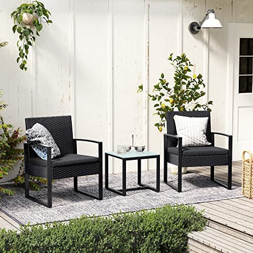 SONGMICS 3-Piece Patio Set Outdoor Patio Garden Furniture Sets, PE Rattan, Outdoor Seating for Bistro Front Porch Balcony, Easy to Assemble, 2 Chairs and 1 Table, Black UGGF010BZ05 — view 2