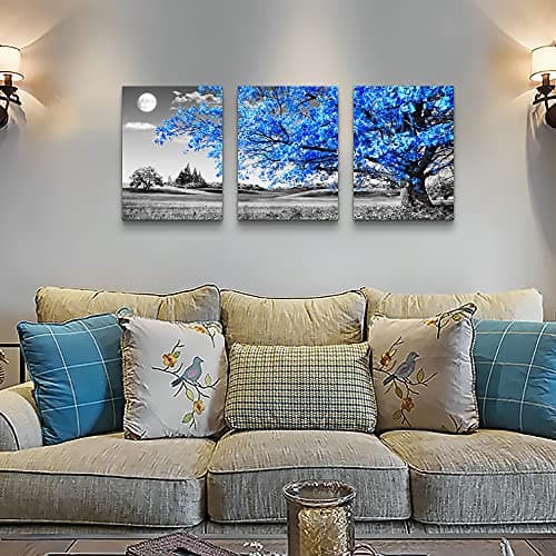 Wall Art for Living Room Black and White Blue Tree Moon Canvas Wall Decor for Home Artwork Painting 12" x 16" 3 Pieces Canvas Print for Bedroom Decor Modern Salon Kitchen Office Hang a Picture