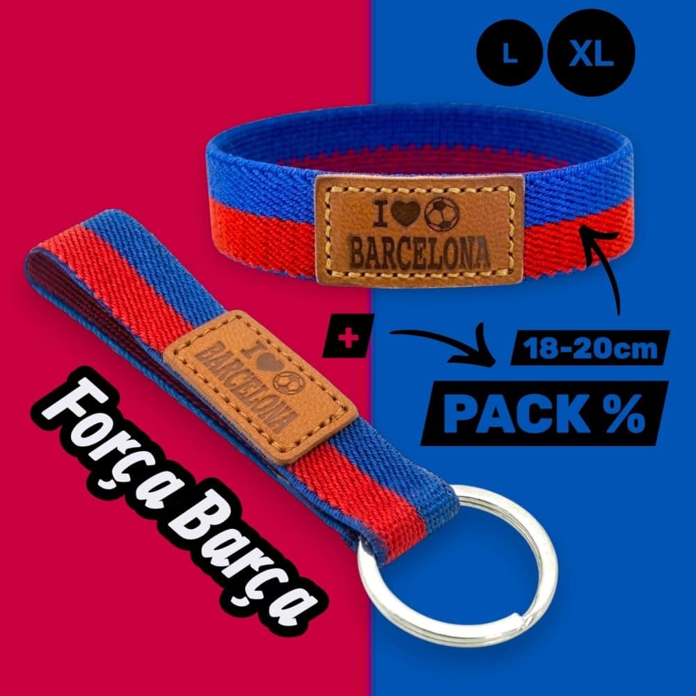 BDM Pulsera y Llavero Barcelona Azulgrana Futbol| Tela Elástica con Parche de Cuero "I Love Barcelona" | Tallas 16-18 cm y 18-20 cm | Pack o Individual — view 3