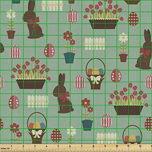Ambesonne Easter Fabric by The Yard, Repeating Conceptual Chocolate Bunny Flowers Eggs and Tulip Flowers, Decorative Fabric for Upholstery and Home Accents, 1 Yard, Laurel Green Multicolor