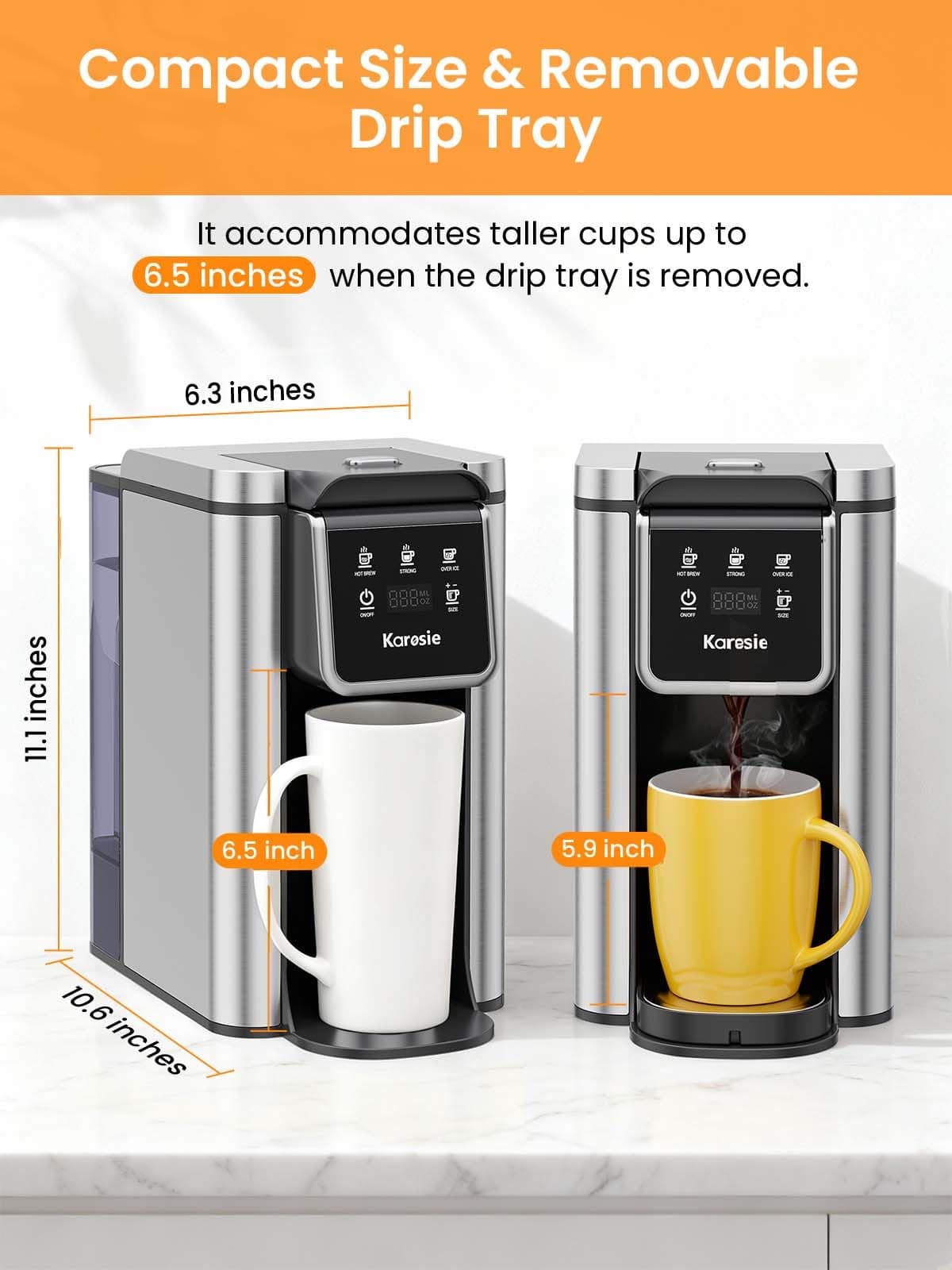 Karosie K Cup Coffee Maker, Hot & Iced Coffee Maker for K Cup and Grounds, 6-14 Oz Brew Sizes, 50oz Removable Tank, Single Cup Coffee Maker with Descaling Reminder, Stainless Steel, Black — view 2