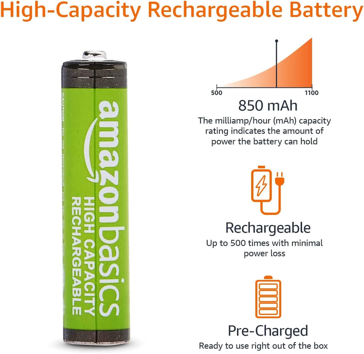 Amazon Basics 8-Pack Rechargeable AAA NiMH High-Capacity Batteries, 850 mAh, 1.2V, Recharge up to 500x Times, Pre-Charged — view 3
