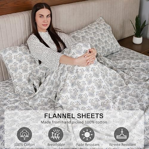 RUVANTI Flannel Sheets Full Size - 100% Cotton Double Brushed Bed Sheets Set, Deep Pockets 16 Inches, All Seasons Breathable & Extra Soft Full Sheets, Warm & Cozy, 4 Piece, Old School Paisley — view 2