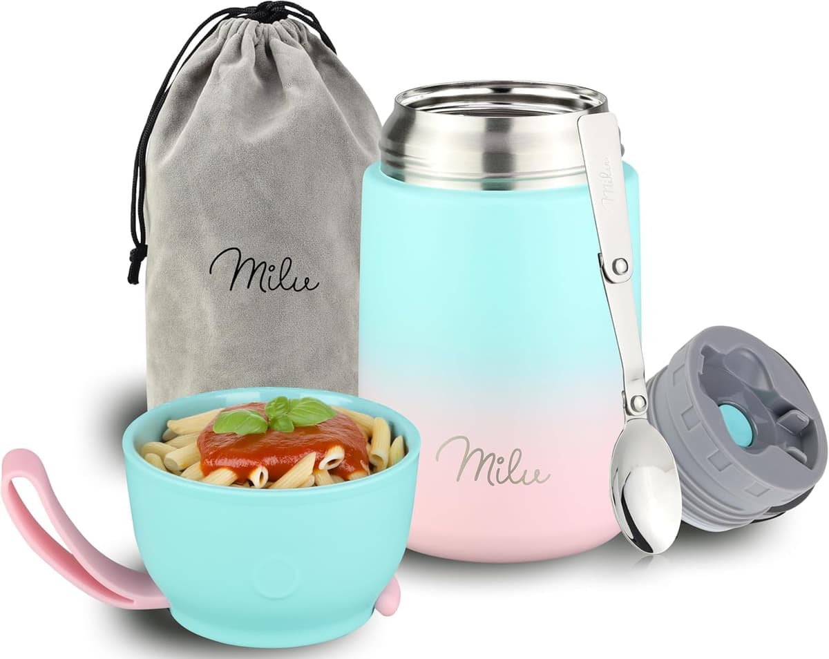 Milu Termo para Comida 450 ml Taza Aislada, Botella de Acero Inoxidable Aislada Alimentos, Beber y sopa de los niños de adultos Térmico (450ml/Verde Azul) — view 18
