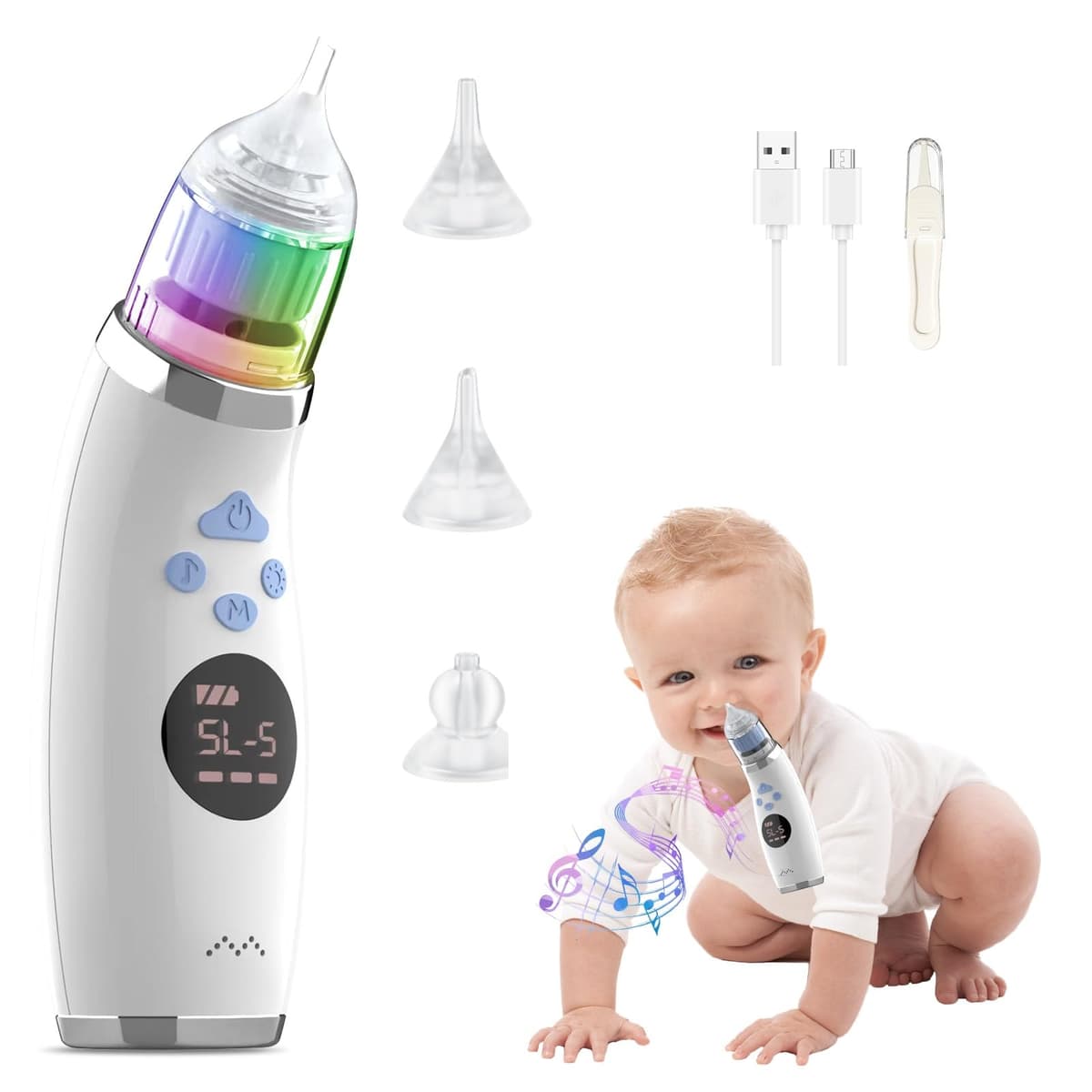 Aspirador Nasal Eléctrico, Limpiador Nasal bebe Electrico, Sacamocos Bebe Electrico, 5 Niveles de Succión & 3 Puntas de Silicona, con Relajante de Música para Niños