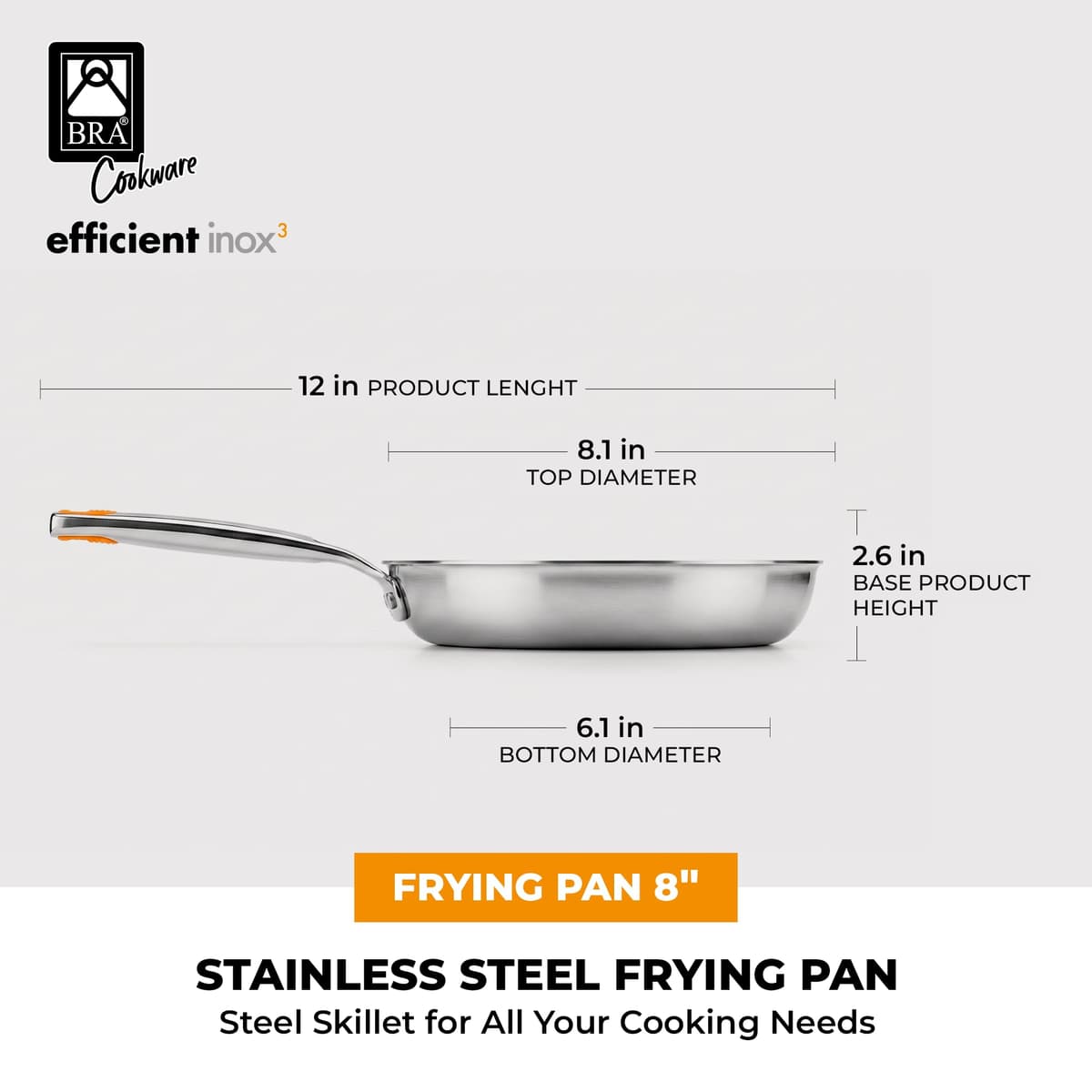 BRA Efficient Inox | Sartén 20 cm, tricapa (interior acero inox 18/10 + interior aluminio + exterior acero inox 18/0 magnético), aptas para inducción, sin antiadherente, mango remachado — view 2