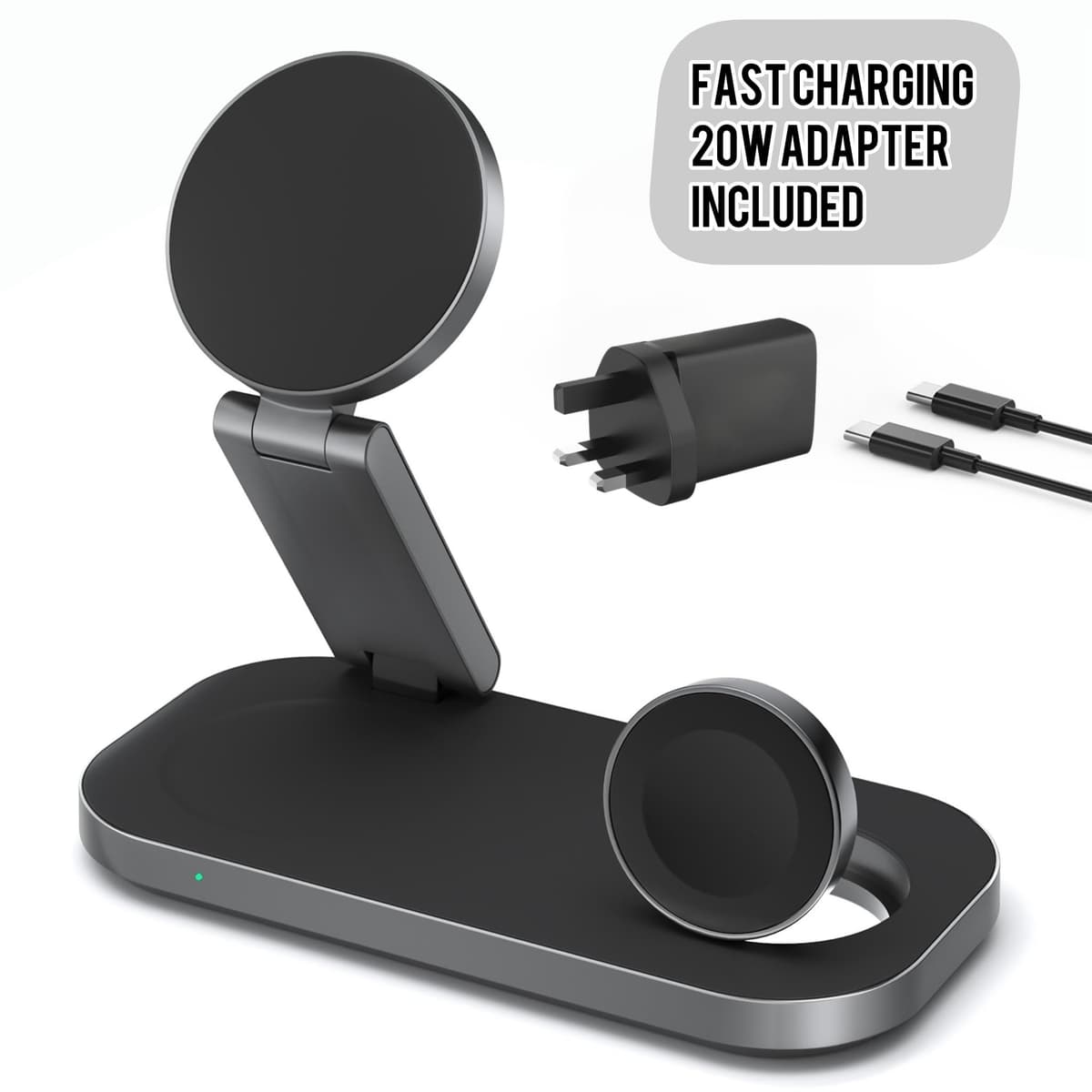 3 in 1 Wireless Charging Station - Foldable Wireless For iPhone, Apple Watch And AirPods | Travel-Ready iPhone Magsafe Charger Stand | Compact Fast Charge Stand | Adapter Included (Black) — view 3