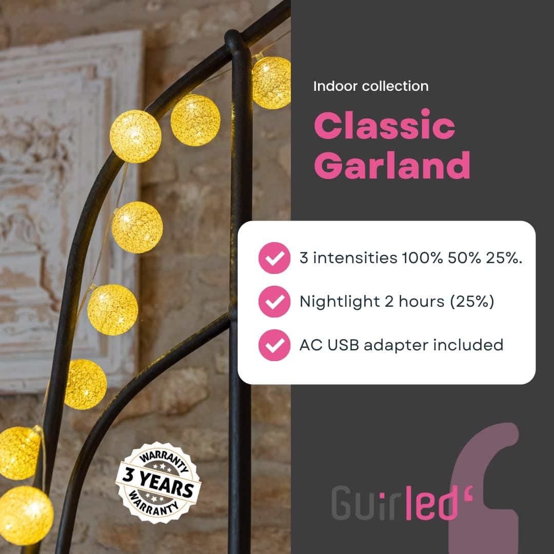 GuirLED - Guirnalda luminosa bolas de algodón LED USB- Luz de noche para bebé 2h - Adaptador de corriente dual USB 2A incluido - 3 intensidades - 16 bolas 1,6m - Mesopotamia — view 2