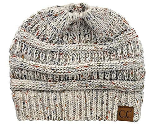 C.C BeanieTail Soft Stretch Cable Knit Messy High Bun Ponytail Beanie Hat, Confetti Oatmeal Mix — view 3