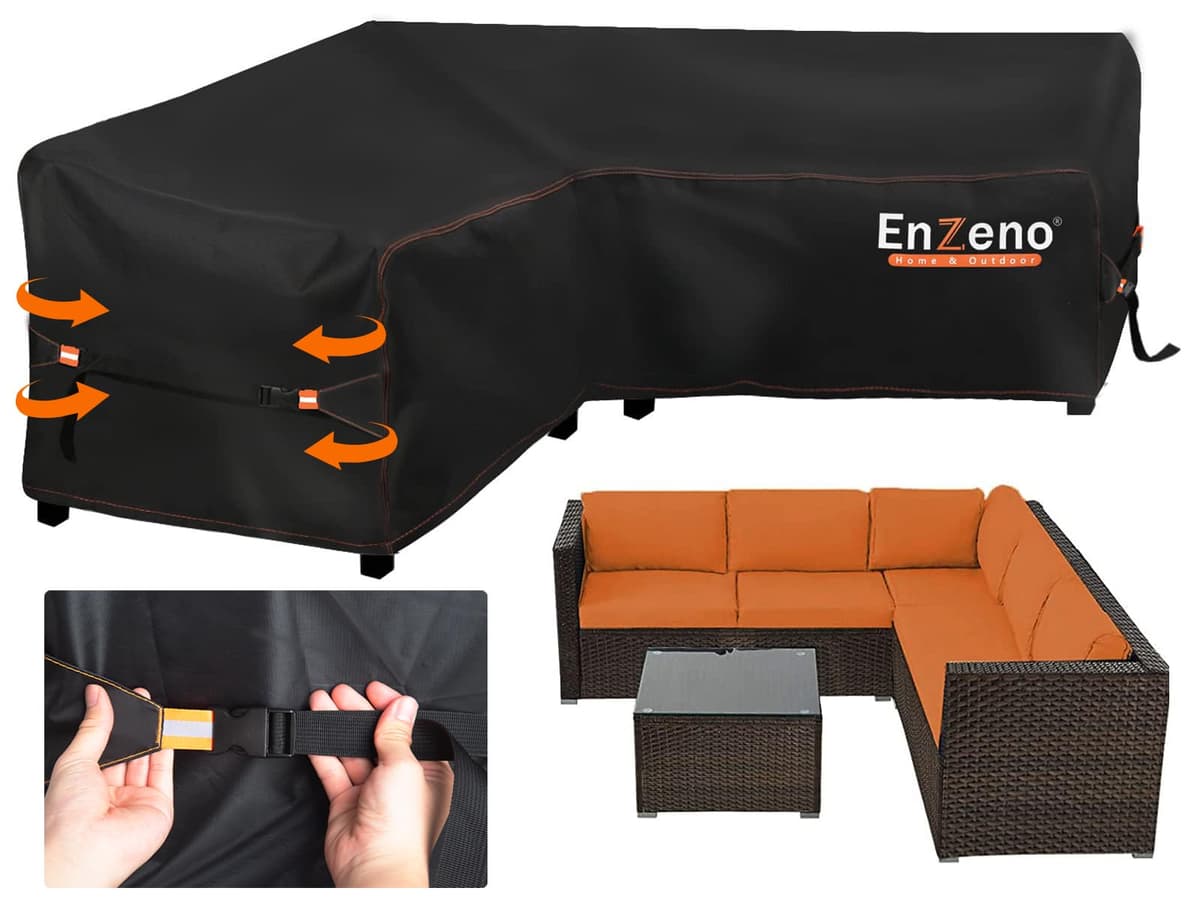 Enzeno Garden V-Shape Furniture Cover Waterproof,420D Heavy Duty Oxford Fabric Outdoor Rattan Corner Sofa Cover with Waterproof Tape (215 * 215 * 87cm)