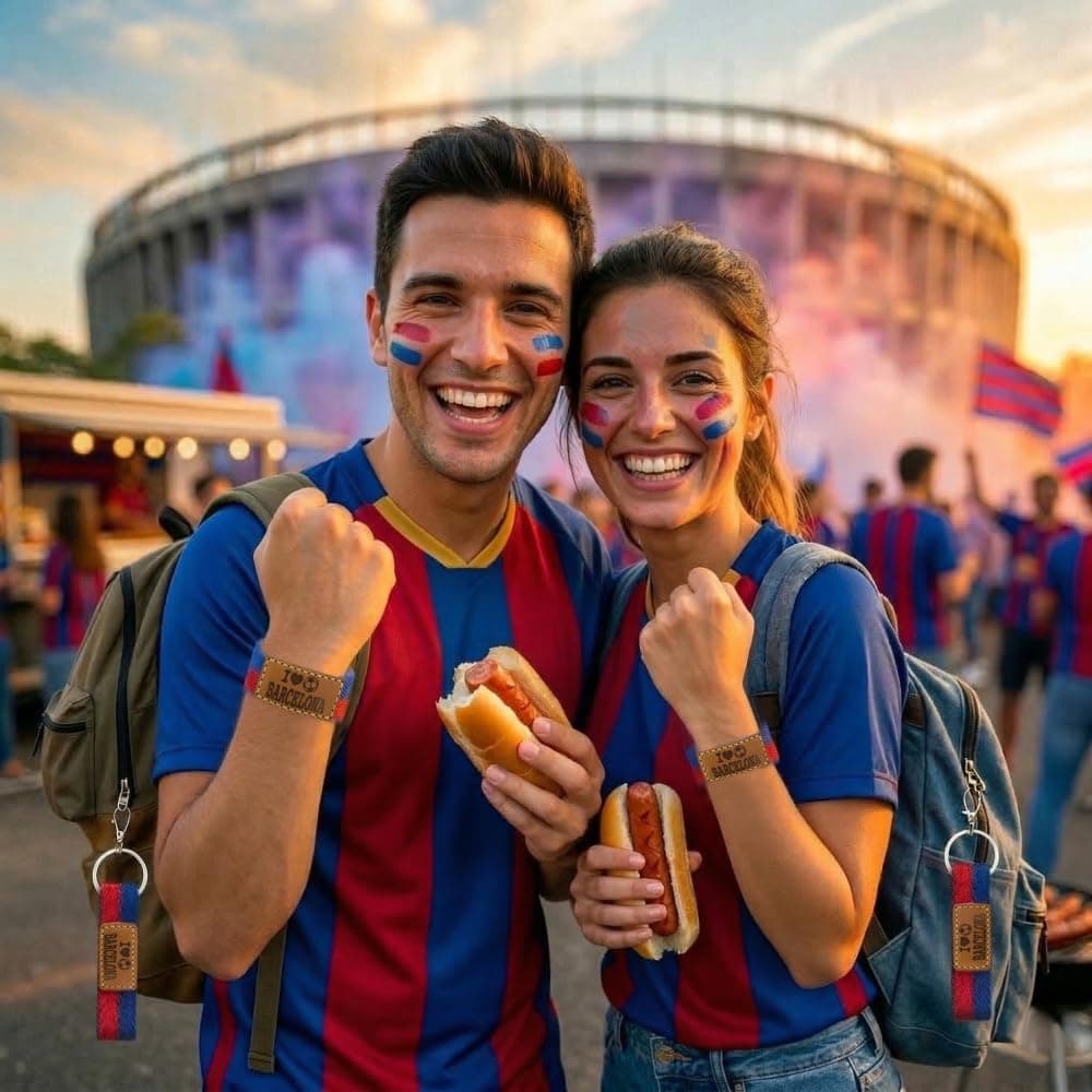 BDM Pulsera y Llavero Barcelona Azulgrana Futbol| Tela Elástica con Parche de Cuero "I Love Barcelona" | Tallas 16-18 cm y 18-20 cm | Pack o Individual — view 4