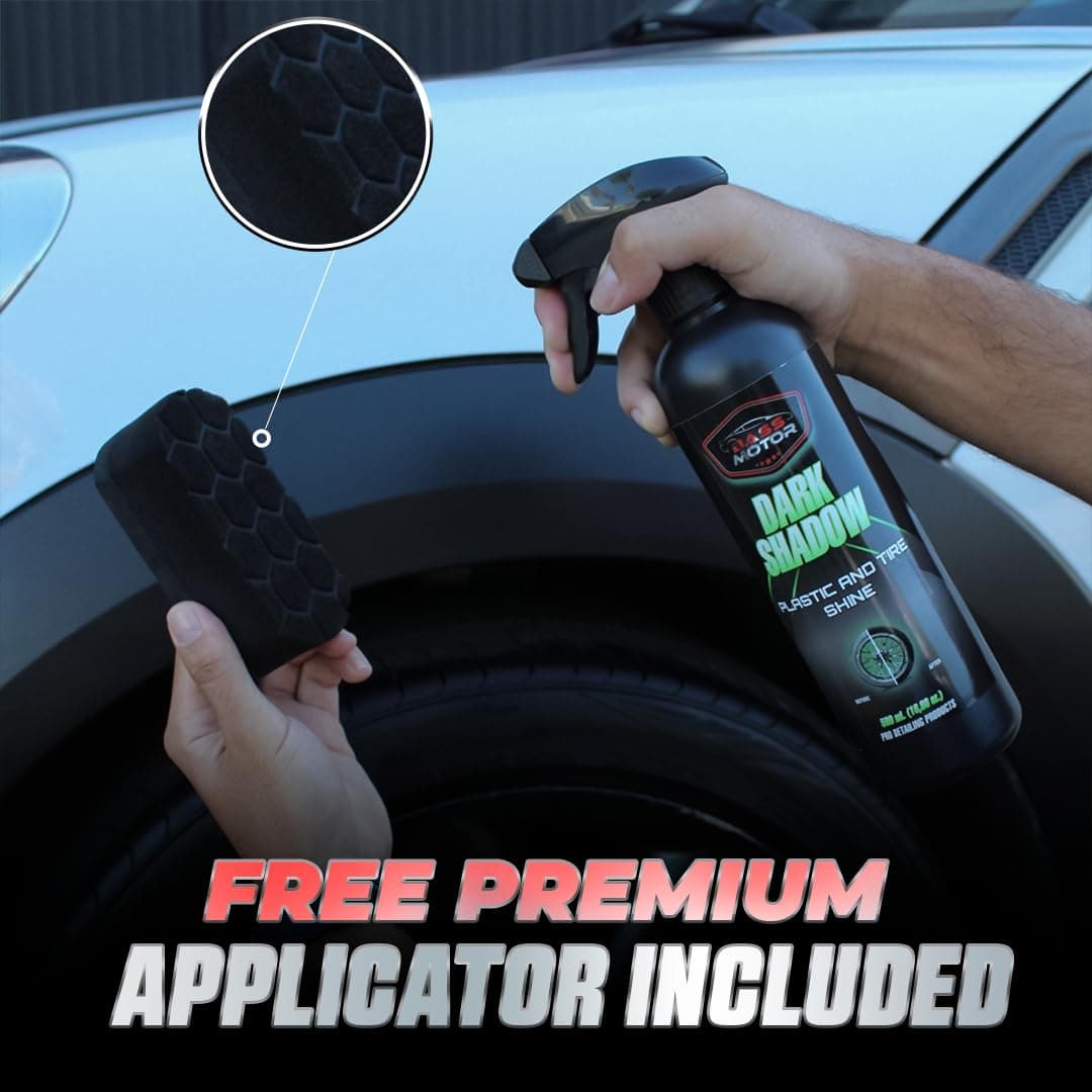 BassMotor Abrillantador de Plástico y Neumáticos Coche Moto Restaurador Gomas Viejas Recupera Brillo Interior y Exterior para Abrillantado en Casa - Dark Shadow 500ml + Esponja Premium — view 2