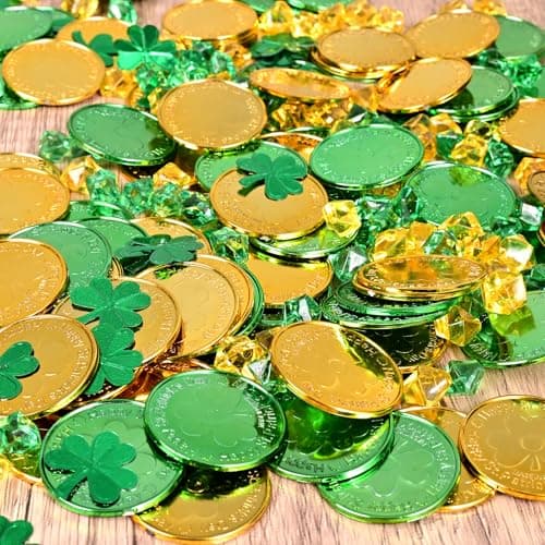 252Pcs St.Patrick's Day Green Pot Set 5.7" St Patrick’s Day Leprechaun Plastic Cauldron Bucket with Shamrock Coins Gems Shamrock Garland & Sequins for St. Patrick's Day Party Decor — view 4