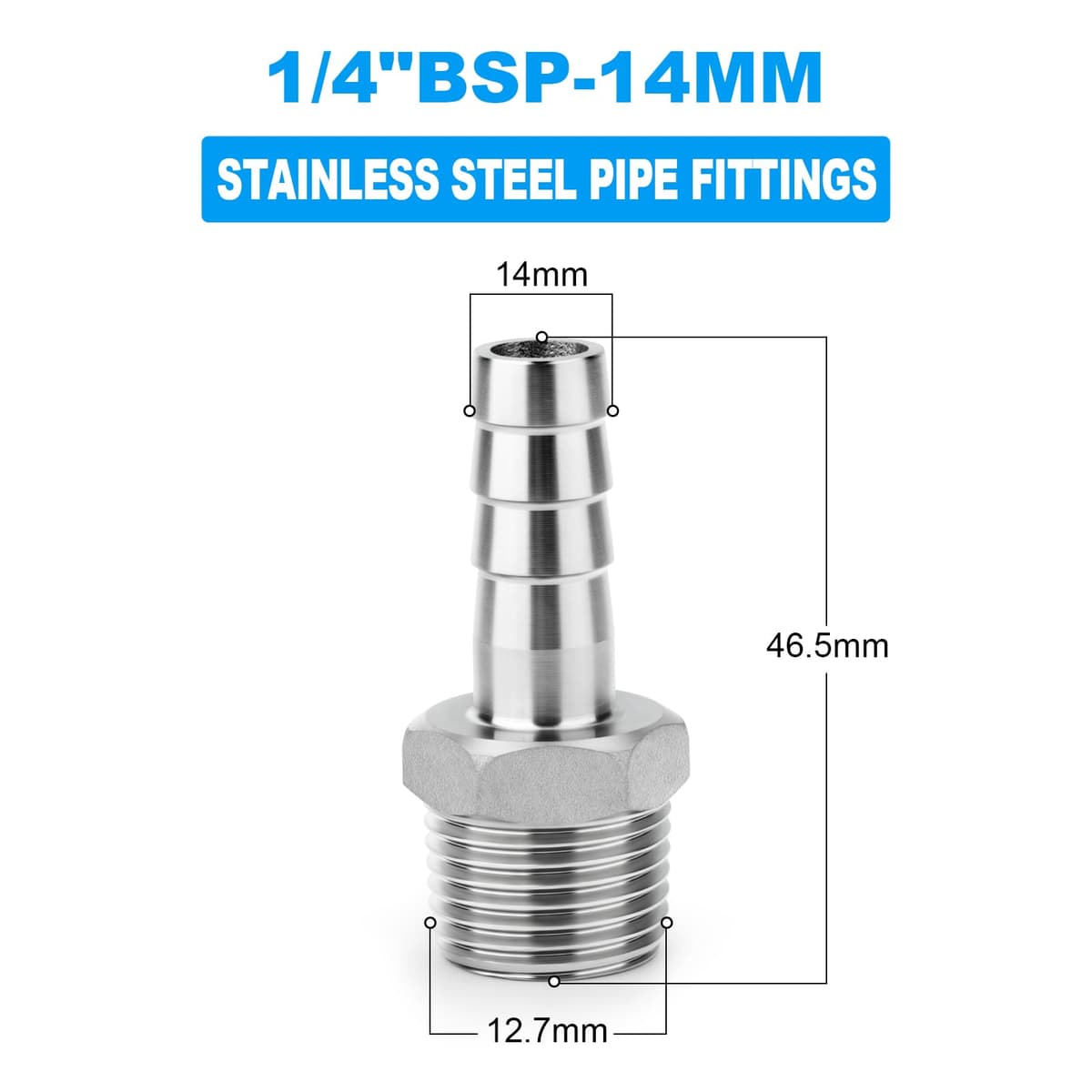 2 Pieza Racores de acero inoxidable 304 con espiga, de 14 mm a rosca macho BSP de 1/4", conectores industriales de compresión para sistemas de agua, combustible, aire y hidráulicos — view 2
