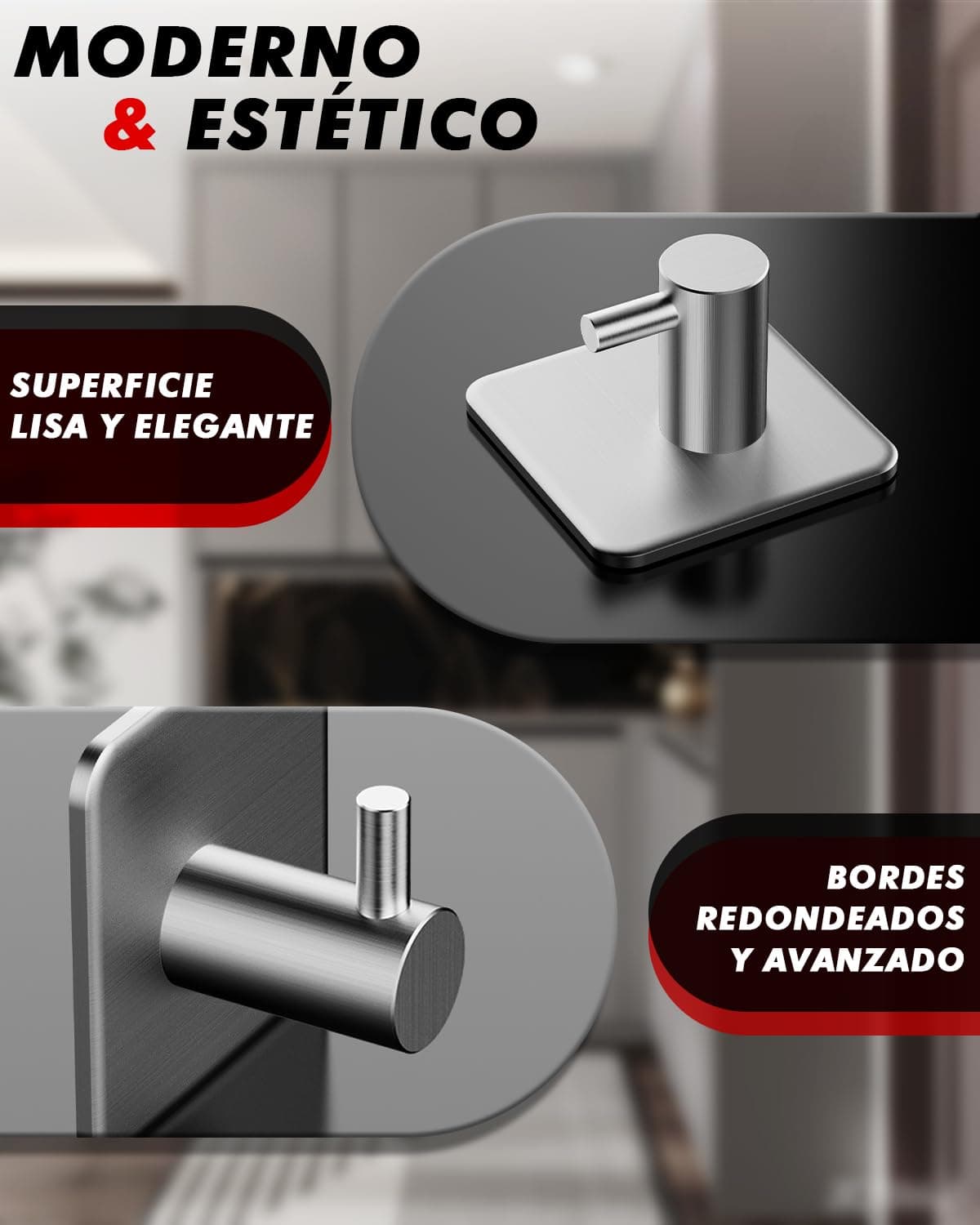 Auxmir Ganchos Adhesivos para Pared, Acero Inoxidable Colgador Toallas sin Taladro, Toalleros Autoadhesivo Extrafuerte para Baño Cocina Albornoz Trapos, Gris, 6 Piezas — view 8