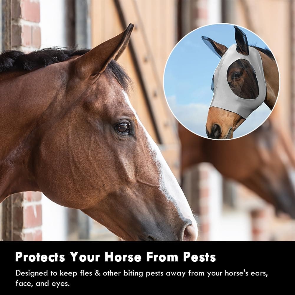 Máscara Antimoscas para Caballos, 1PCS Máscara de Mosca de Caballo con Orejeras,Gris Máscaras Faciales para Caballos Anti-UV, Malla Transpirable, máscara de Freno elástica. — view 2