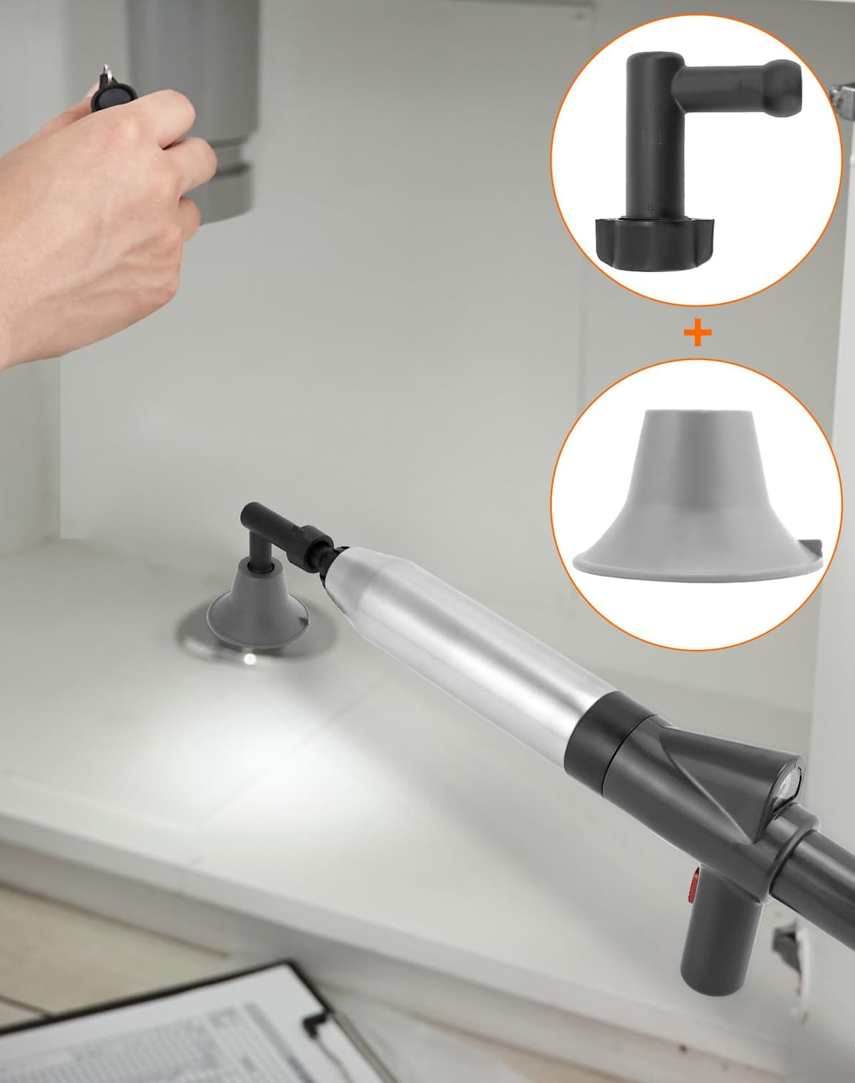 QWORK® Desatascador tuberías de alta presión con barómetro de presión para inodoro/lavabo/drenaje de piso/tubería - incluye 4 cabezales reemplazables,Negro — view 5