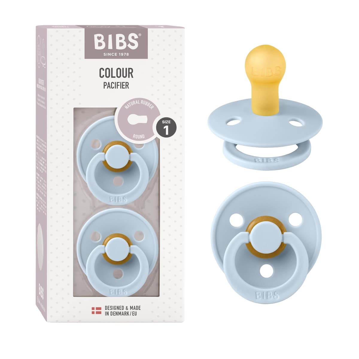BIBS Colour Paquete de 2 chupetes. Libre de BPA, Tetina redonda. Látex natural, Talla 1 (0-6 meses), Baby Blue/Baby Blue