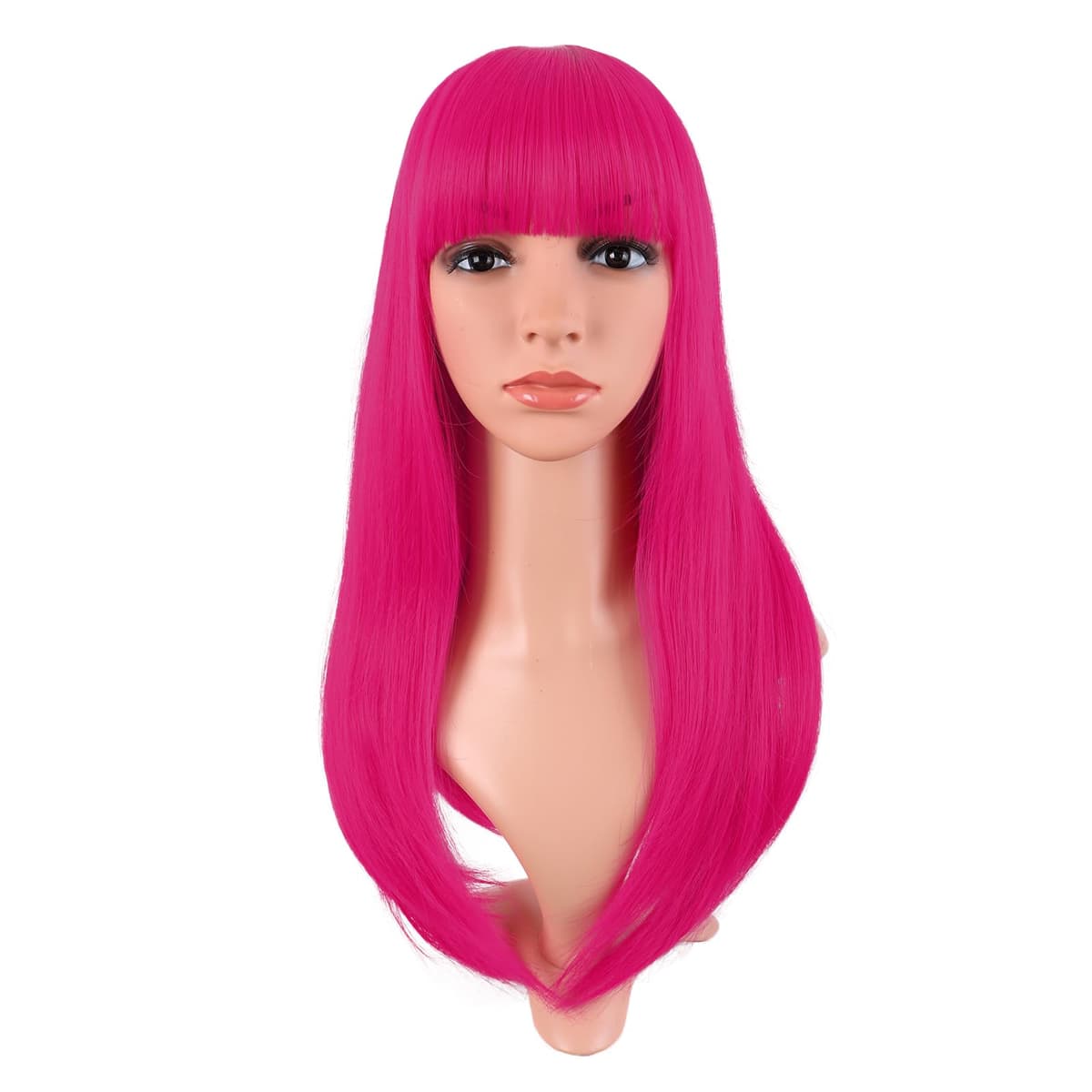 MapofBeauty 24 Pulgada/60 cm Largo Lacio Peluca Con Flequillo Sintética Cabello Heat Resistente Para Fiesta de Cosplay (Rosa Caliente)
