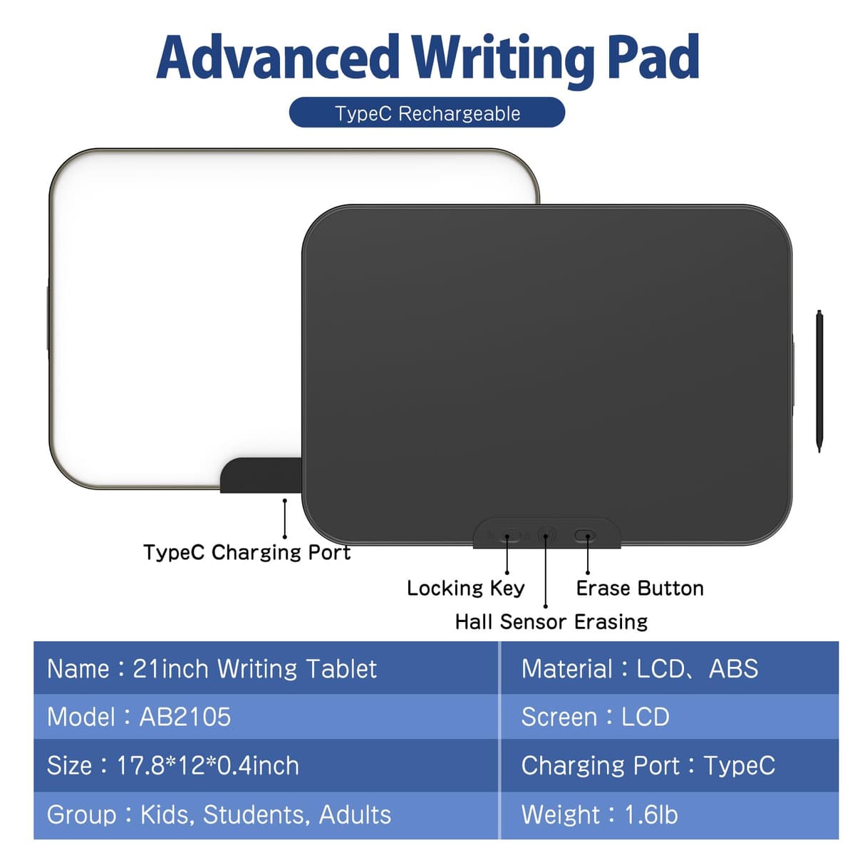 Tableta de escritura LCD transparente de 21 pulgadas, tablero de dibujo inteligente grande recargable para escribir a mano, tablero electrónico de garabatos para adultos — view 3