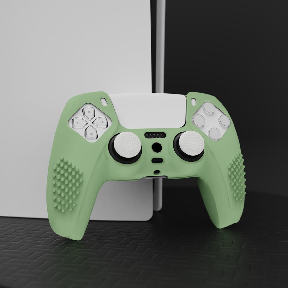 eXtremeRate PlayVital Funda de Silicona para ps5 Mando - Carcasa Protectora con 6 Tapas de Joysticks, Impermeable, Resistente y Antideslizante, Funda de Goma Suave, 3D Tachonado (Matcha Verde) — view 3