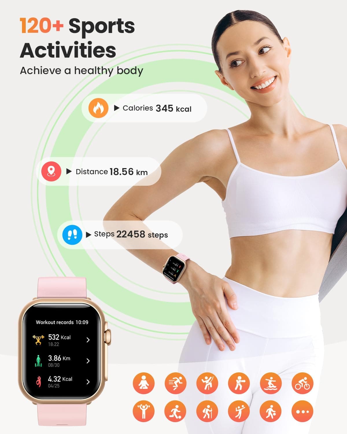 Reloj Inteligente Mujer con Autonomía 100 Días, 1000mAh Batería Grande, 1.83" Smartwatch Mujer con Llamadas, SpO2, Pulsómetro, Sueño, 120+ Modos Deportivos Calorías IP68 Podómetro Android iOS Rosa Oro — view 5