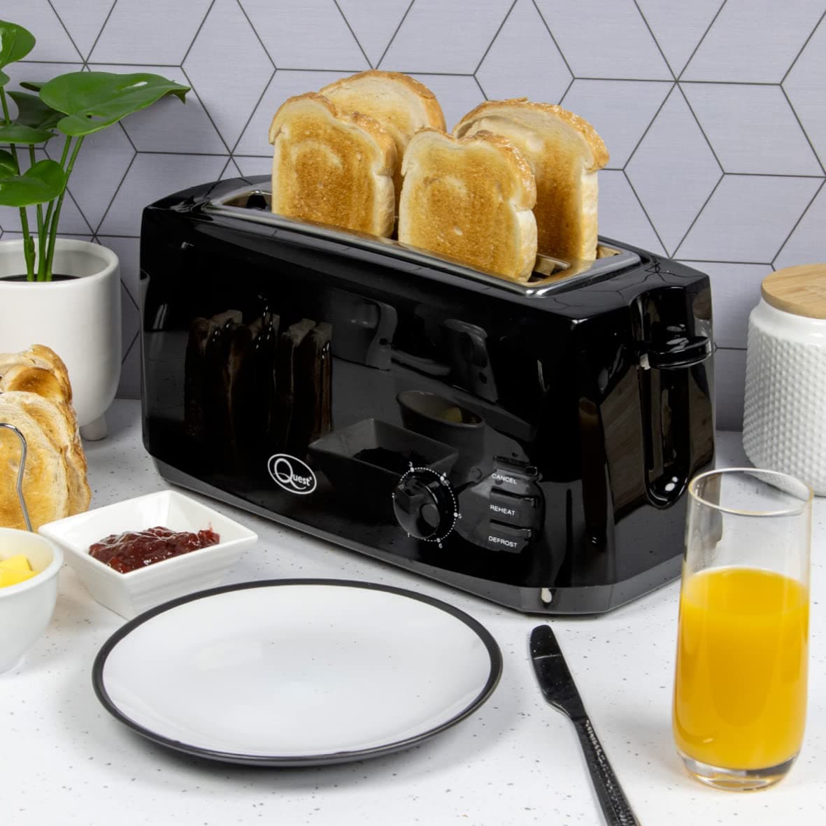 Quest 4 Slice Toaster Black - Extra Wide Long Slots for Crumpets and Bagels - 6 Settings - Reheat and Defrost — view 5
