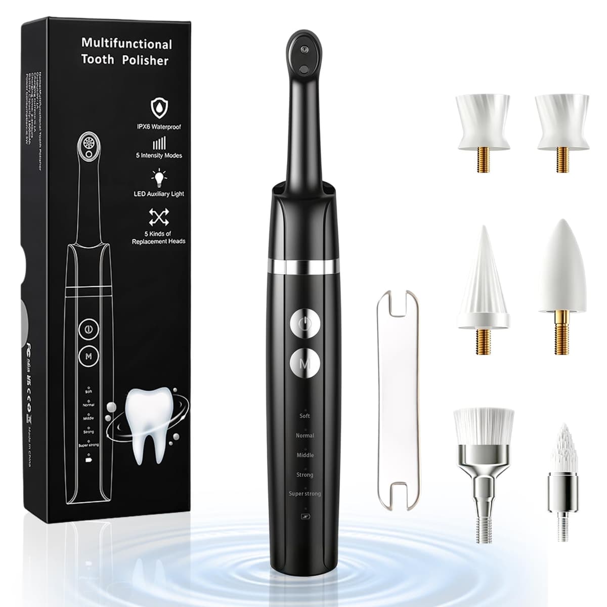 Kit Pulidor Dental Recargable para Limpieza y Blanqueamiento Dental, limpiador de sarro dental con 5 Cabezales, 5 Velocidades, Luz LED, quita sarro dental y manchas, IPX6 Resistente al Agua