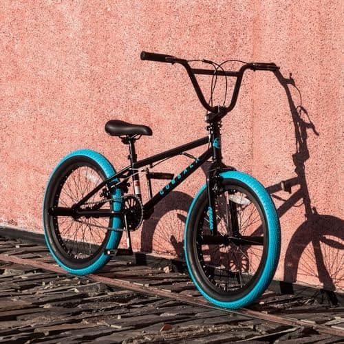 cubsala Freestyle BMX Bike, 20 Inch Kids Bicycle with 4 Pegs, Dual Hand Brake and Gyro for 6 7 8 9 10 11 12 13 14 Years Old Kids and Beginner Level Rider, Black with Blue Tires — view 4
