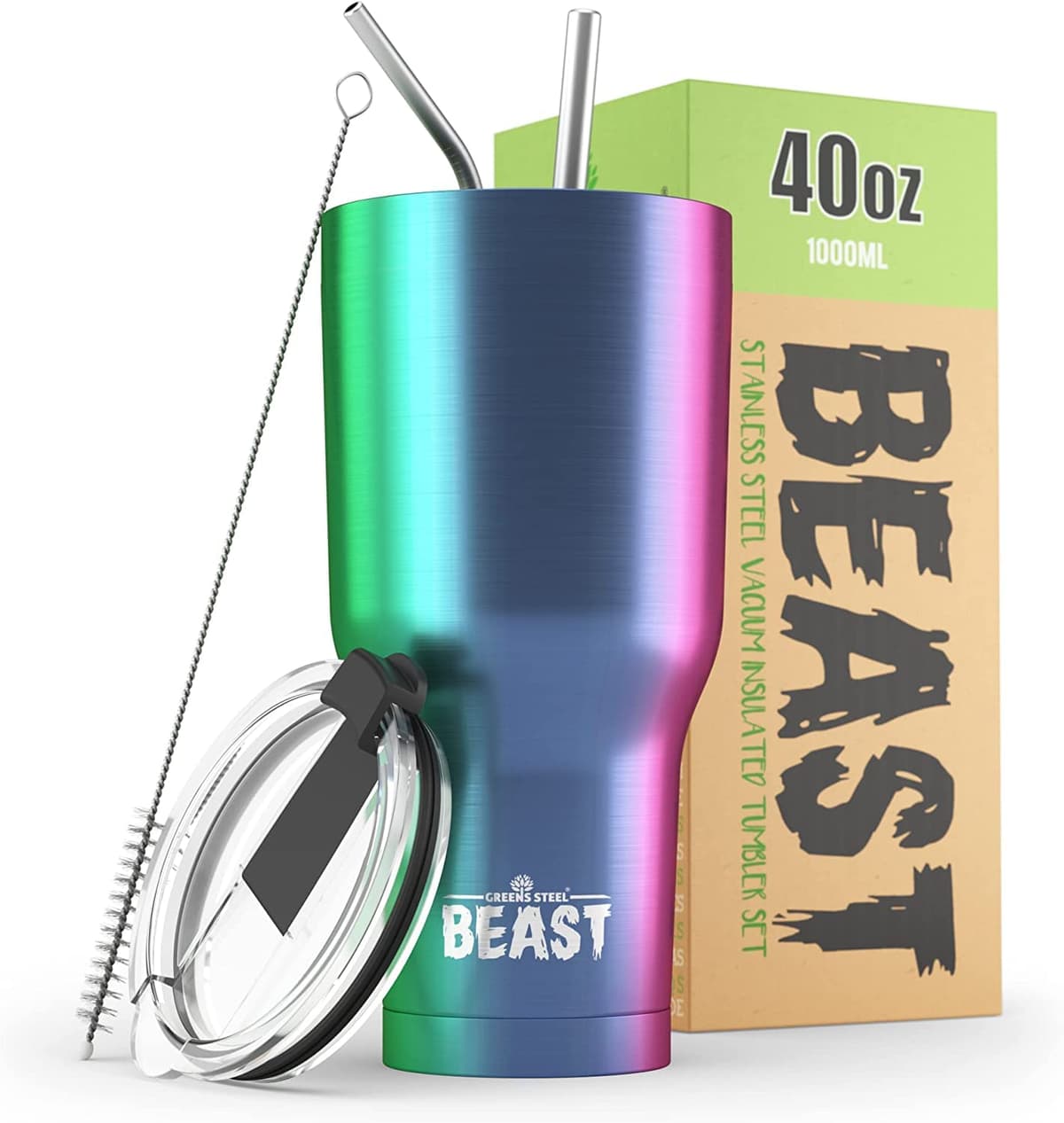 Greens Steel Beast Tumbler – 550 ml (20 oz), Coral | Vaso de acero inoxidable reutilizable con aislamiento al vacío | con 2 pajitas y cepillo de limpieza | Termo de viaje de doble pared — view 77