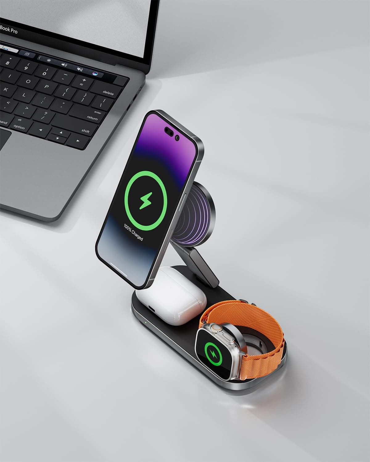 3 in 1 Wireless Charging Station - Foldable Wireless For iPhone, Apple Watch And AirPods | Travel-Ready iPhone Magsafe Charger Stand | Compact Fast Charge Stand | Adapter Included (Black) — view 7