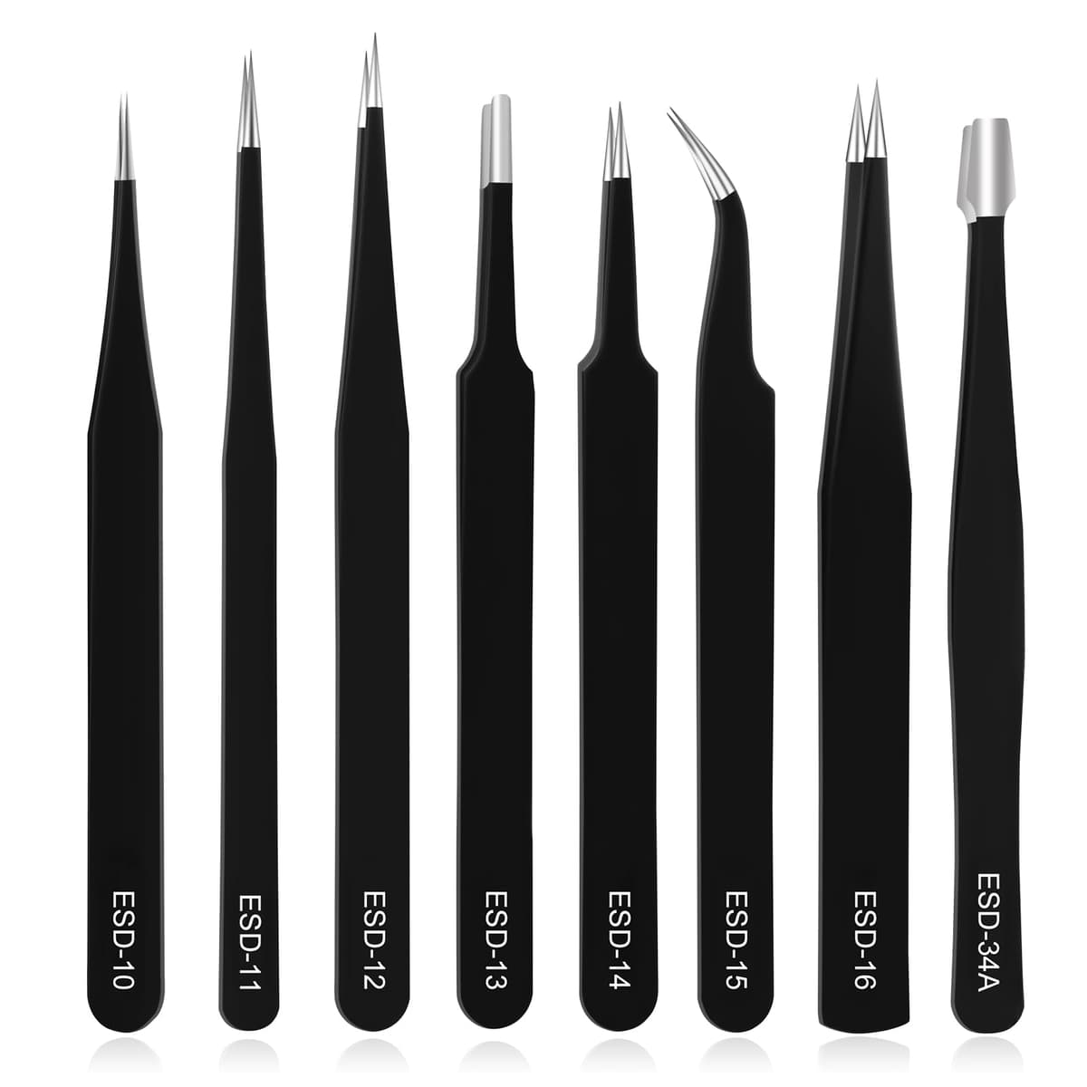 Ainiv Kit 12 Pcs Pinzas de Precisión, Tweezers ESD Anti-Estáticas de Acero Inoxidable Electrónicas, Trabajo de Laboratorio, Joyería, Maintenance Tools, Negro — view 12