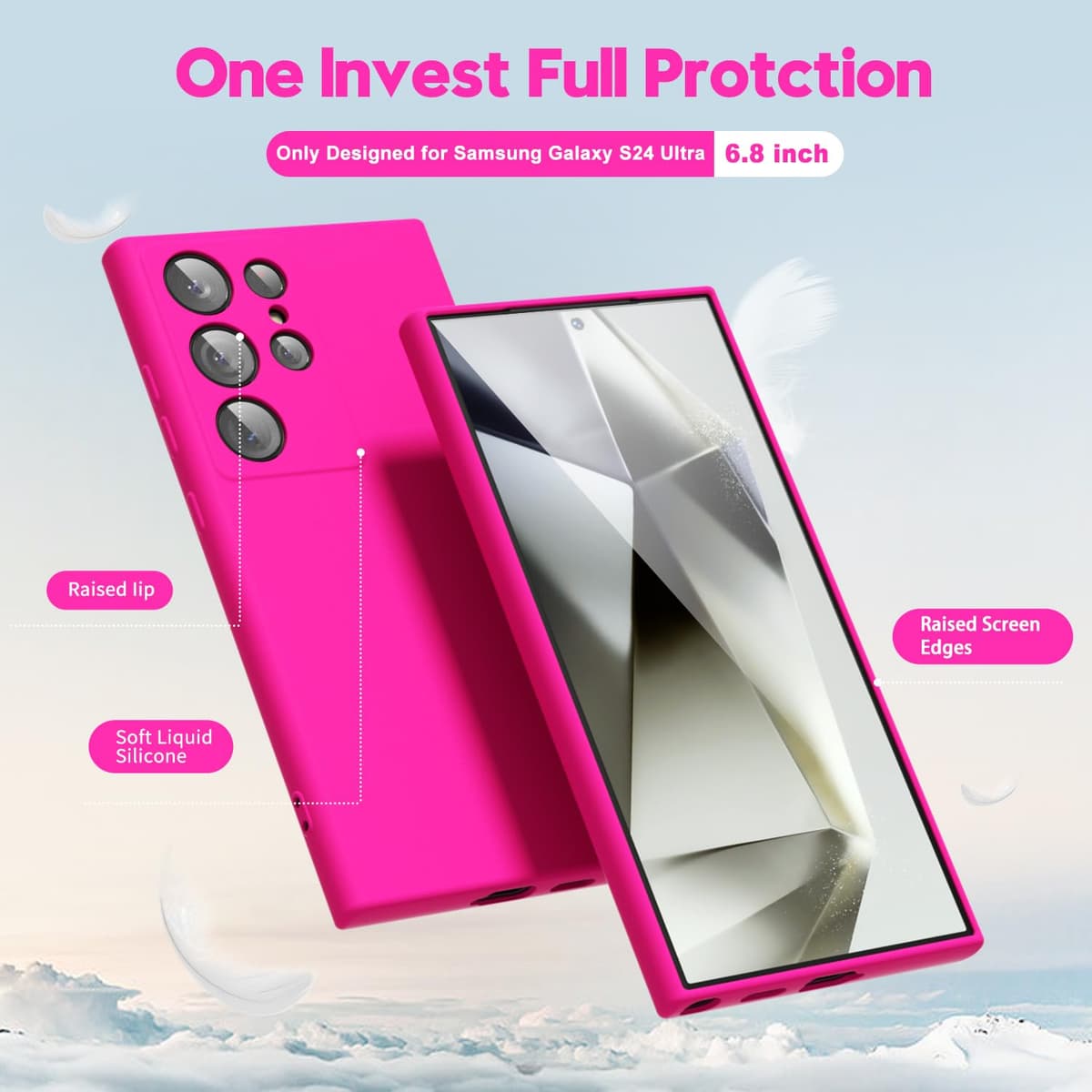 oakxco for Samsung Galaxy S24 Ultra Phone Case Liquid Silicone, Neon Bright Solid Color, Thin Slim Soft Rubber Gel Matte TPU Plain Simple Cover for Women Girl Cute, Hot Pink Fuchsia — view 3