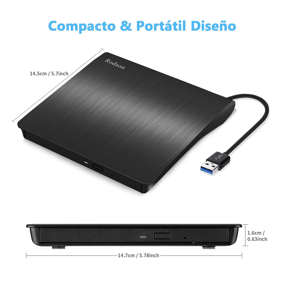 Rodzon Grabadora Externa USB 3.0, Unidades Portátil CD/DVD /-RW/ROM Estable con Lector/Quemador/Re - Quemador para Win 10/8 / 7 / XP/Vista/Linux/Mac OS — view 5