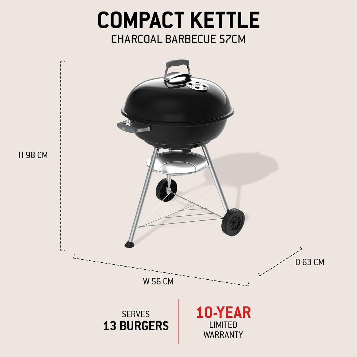 Weber Compact Kettle Charcoal Barbecue (2026 version), 57 cm Cooking Surface, Tripod Stand with Wheels, Heat‑Resistant, Rustproof Design, Chrome‑Plated Three‑Layer Grate, Black (1502061) — view 4