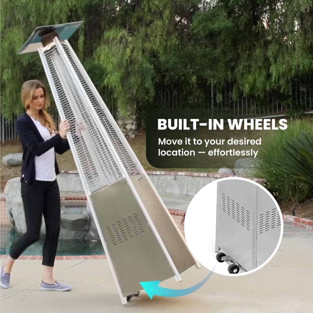 BU-KO Outdoor Patio Gas Heater | Garden, Camp, BBQ Parties | Stainless Steel Pyramid Style 13kw Propane Burner | Portable Wheels, Regulator & Hose | LPG Warm Heating Fire & Water Proof Cover Included — view 3