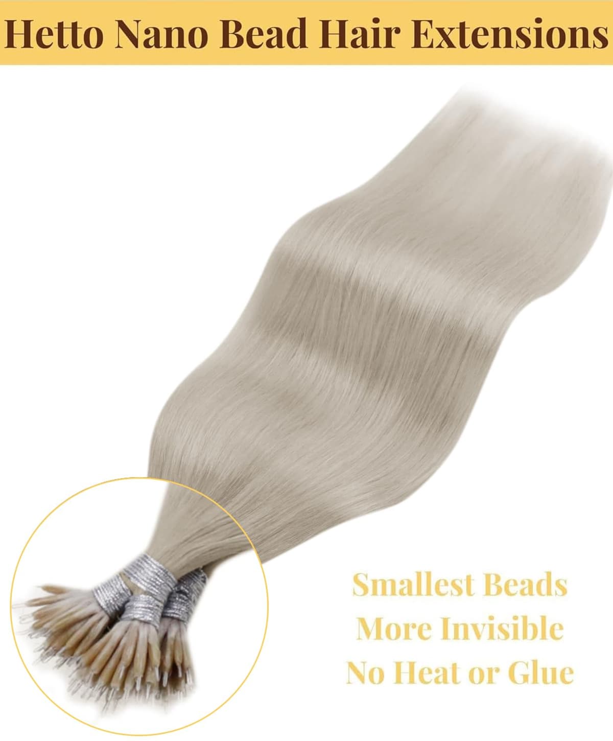Hetto Nano Hair Extensions Real Human Hair Blonde 18 Inch - Invisible Nano Rings Hair Extension, Platinum Blonde Nano Beads Remy Hair Straight Fashion Styling for Party 50 strands 50 g #60 — view 4