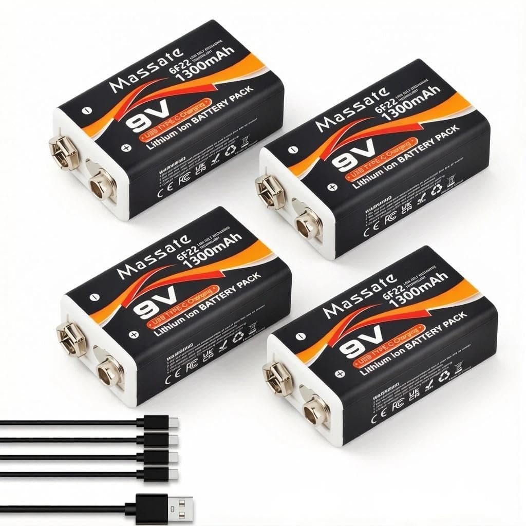 4 Pcs 9V Rechargeable Batteries 1300mAh, USB C Rechargeable Lithium Ion Battery with 4 in 1 Charging Cable, Long Lasting 9 Volt Battery for Smoke Detector, Guitar Pedal, Microphone