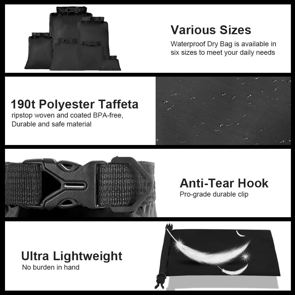 vsshe 6 Piezas Bolsas Estancas Impermeable, 1.5/2.5/3/3.5/5/8L Bolsas Secas Ligeras, Bolsas Estancas Ligeras Portátil, para Kayak, Senderismo, Rafting, Camping, Pesca, Ciclismo (Negro) — view 3