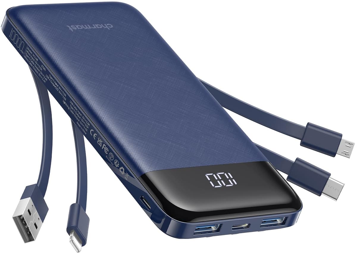 Charmast Power Bank with Built in Cables X 4, 10000mAh USB C Battery pack 6 Outputs 3 Inputs with LED Display Type C Powerbank Portable Charger Compatible with Smartphones Tablets and More — view 14