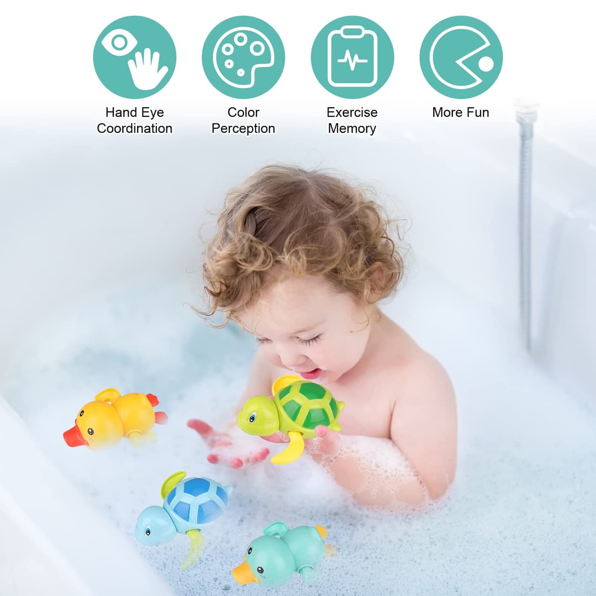 Pinenuts Baby Bath Toys, 4 Pcs Baby Bath Tub Toys Wind-up Toys Paddling Pool Toys Floating Swimming Ducks & Turtles Water Toys for Toddler Kids Girls Boys Bath-time Shower Gifts — view 5