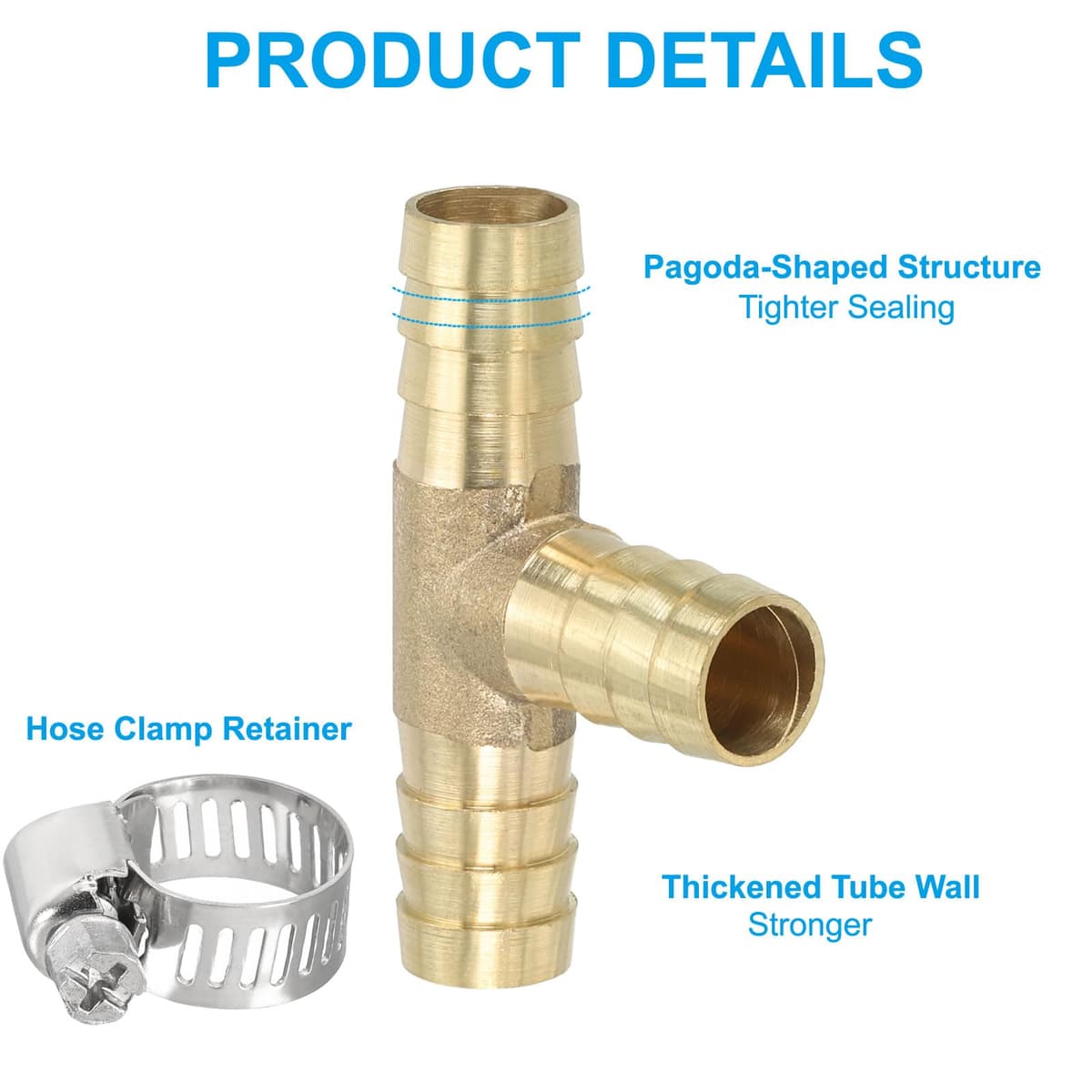 PATIKIL 1/2" Brass Tee Hose Barb Fitting, 3 Ways Union Intersection T Shape Barbed Split with Clamps for Air Water Fuel Gas Liquid, Golden — view 4
