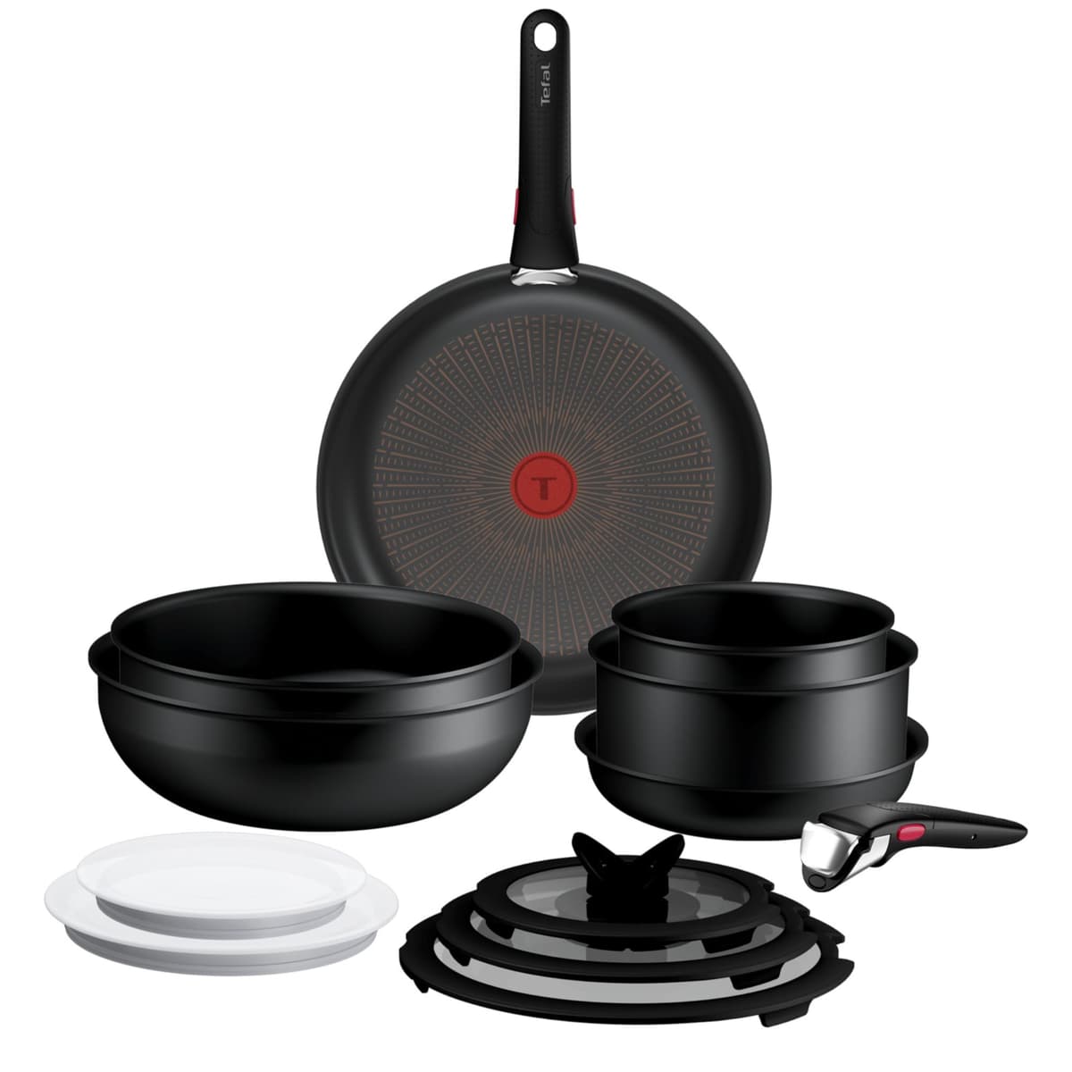 Tefal Ingenio Explore - Juego de 2 Sartenes 22/28 cm + Wok 26 cm + 3 cazos 16/20/24 cm + 5 Accesorios + 2 Mangos, Antiadherente, Apto inducción, Apilable, Aluminio, Thermo-Signal, Apto horno