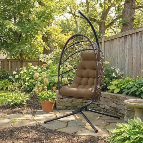 Outsunny Hanging Egg Chair with Stand, Foldable Wicker Rattan Swing Chair with Thick Cushion and Safety Rope for Patio Garden, Supports 264 lbs, Brown — view 8