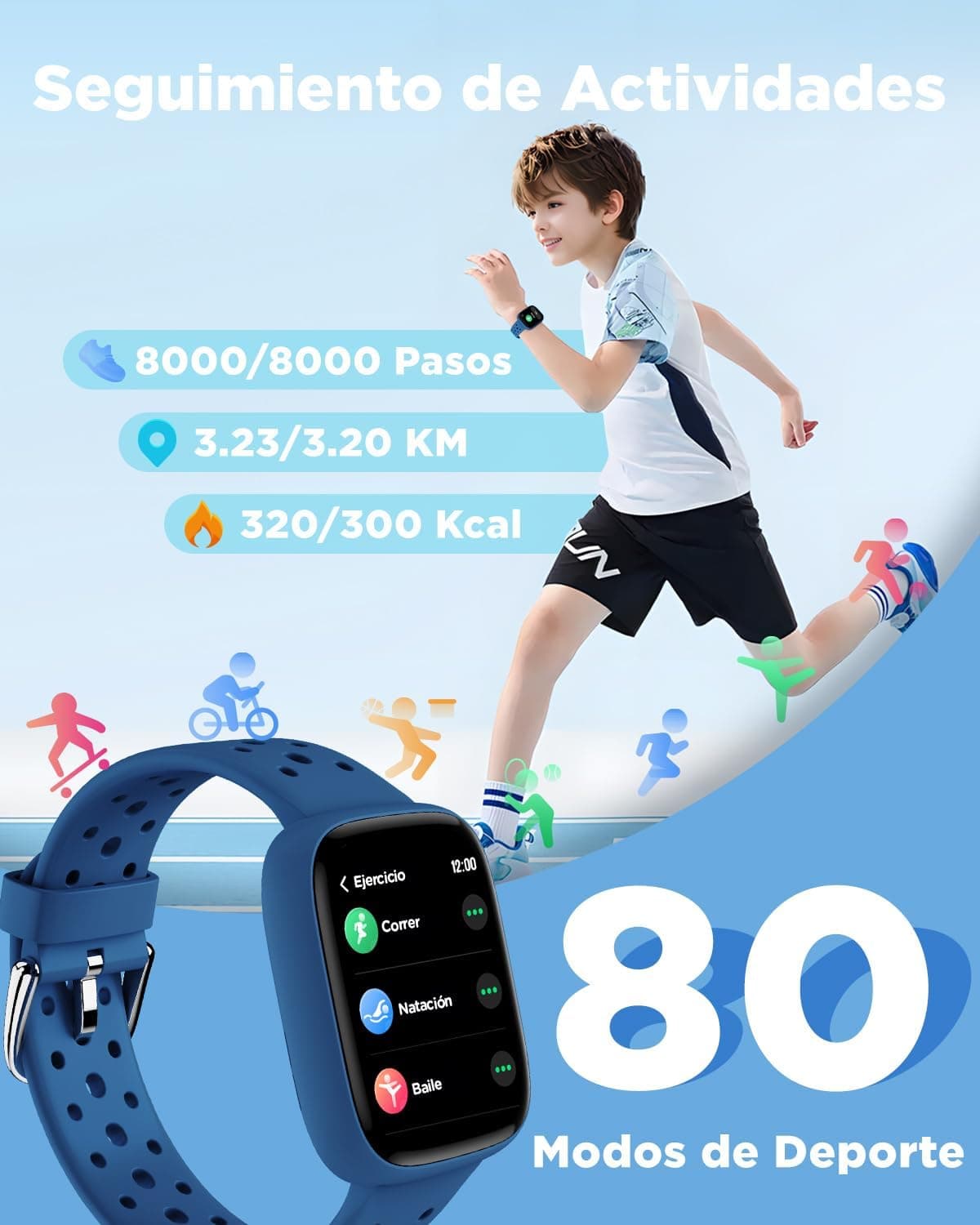 BIGGERFIVE Smart Watch for Kids, 1.8" Fitness Tracker Watch Pedometer, Heart Rate, Sleep Monitor, IP68 Waterproof, Calorie Step Counter, Puzzle Games with/Without APP for Girls Boys Teens 5-16, Blue — view 2