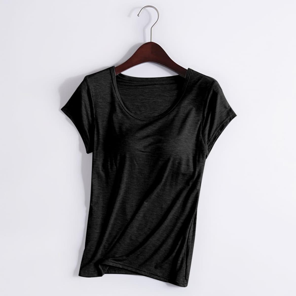 Womens Shirts with Built in Bra Short Sleeve Shirts Summer Casual Athletic Workout Yoga Shelf Bra Padded T Shirts Tops — view 2