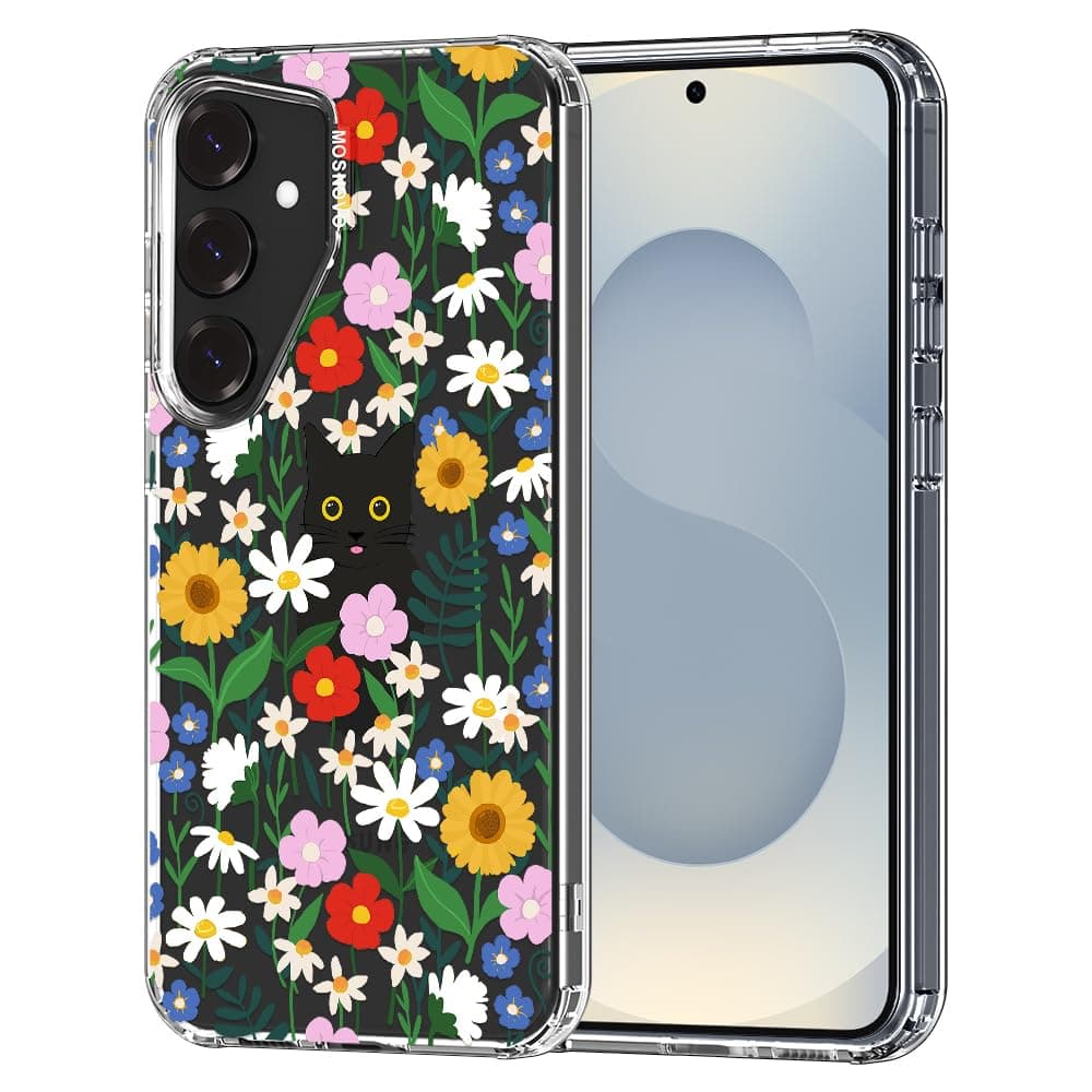MOSNOVO Case for Samsung Galaxy S25 / Galaxy S24, [Buffertech 6.6ft Military-Grade Drop Protection] [Anti Peel Off Tech] Clear TPU Bumper Phone Case Cover Design - Black Cat in Garden
