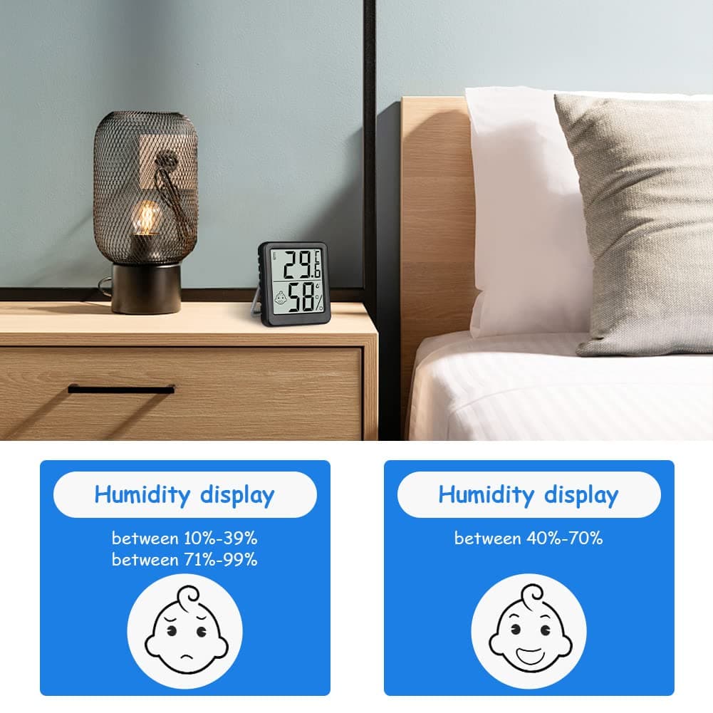 Flintronic Thermometer Hygrometer, 3PCS Digital Mini Thermometer and Hygrometer with Metal Stand, Thermohygrometer with Smile Face Indicating Data for Indoor, Living Room, Baby Room, Office (Black) — view 4