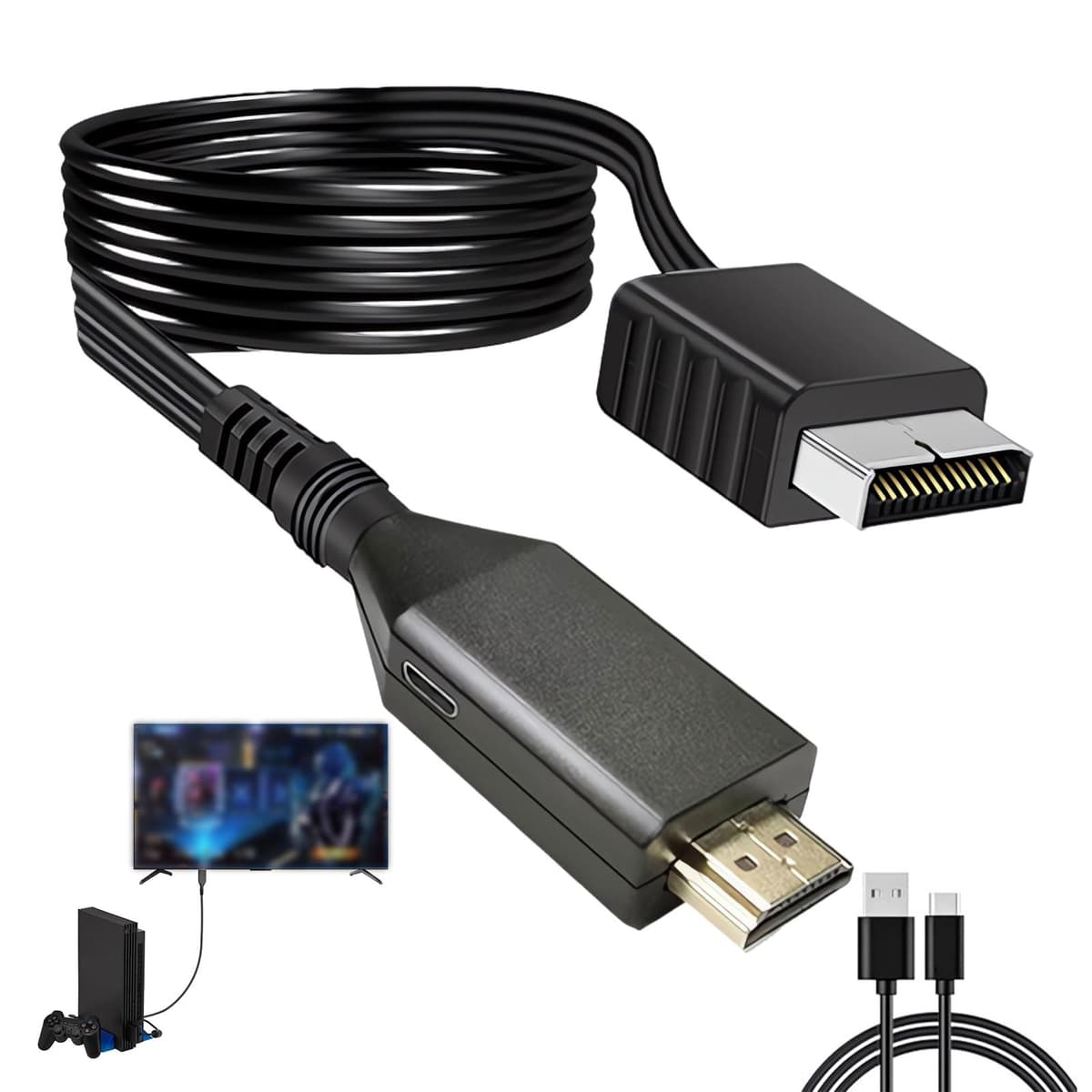 Heyung PS2 to HDMI Converter Cable,Compatible with PS2/PS1 to HDMI Video Audio Adapter,Multifunctional H DTV 720P/1080P Monitor Projector Plug for PS1/PS2 Game Consoles,Projector,Monitor